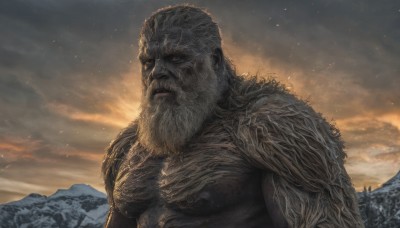 solo,red eyes,1boy,closed mouth,upper body,male focus,outdoors,sky,cloud,tree,muscular,cloudy sky,beard,monster,mountain,realistic,white hair,facial hair,scar,scenery,snow,old man,embers