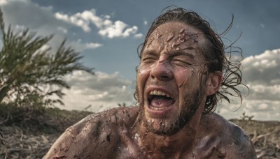 solo,open mouth,black hair,1boy,closed eyes,upper body,male focus,outdoors,sky,teeth,day,cloud,blurry,tree,blue sky,blurry background,facial hair,cloudy sky,portrait,facing viewer,beard,realistic,dirty,brown hair,messy hair,meme