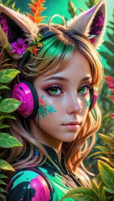 1girl,solo,long hair,looking at viewer,bangs,blonde hair,brown hair,hair ornament,animal ears,closed mouth,green eyes,upper body,flower,ahoge,multicolored hair,outdoors,green hair,artist name,cat ears,hair flower,blurry,from side,lips,animal ear fluff,parted bangs,fox ears,eyelashes,makeup,swept bangs,headphones,leaf,watermark,facial mark,plant,lipstick,portrait,eyeshadow,freckles,pink lips,nose,purple flower,red lips,eyeliner,whisker markings,facepaint,mascara,star (symbol),depth of field,fake animal ears,web address,light particles,colorful,animal ear headphones