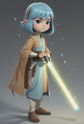 1girl,solo,looking at viewer,smile,short hair,bangs,blue eyes,simple background,long sleeves,holding,closed mouth,blue hair,standing,full body,weapon,hairband,boots,pointy ears,belt,sword,wide sleeves,grey background,cape,holding weapon,brown footwear,holding sword,freckles,robe,energy sword,tunic,lightsaber,blush,shoes,glowing,glowing weapon,glowing sword