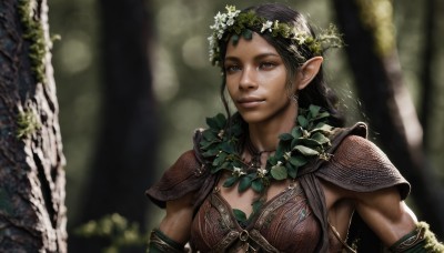 1girl,solo,long hair,breasts,looking at viewer,smile,black hair,brown eyes,jewelry,upper body,flower,small breasts,outdoors,pointy ears,dark skin,necklace,armor,blurry,dark-skinned female,tree,lips,depth of field,blurry background,leaf,elf,shoulder armor,nature,forest,freckles,pauldrons,realistic,nose,fantasy,head wreath,hair ornament,cleavage,medium breasts,shoulder pads