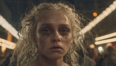 1girl,solo,long hair,looking at viewer,blue eyes,blonde hair,parted lips,solo focus,dark skin,blurry,dark-skinned female,lips,wet,grey eyes,depth of field,blurry background,wavy hair,looking up,messy hair,portrait,forehead,freckles,curly hair,realistic,nose,light,wet hair,artist name,watermark,lights