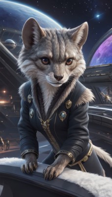 solo,looking at viewer,brown eyes,jewelry,tail,sky,necklace,no humans,night,animal,moon,cat,star (sky),night sky,claws,furry,pendant,starry sky,space,animal focus,planet,whiskers,earth (planet),spacecraft,clothed animal,1girl,long sleeves,jacket,uniform,vest,black jacket,watermark,realistic,badge,grey fur