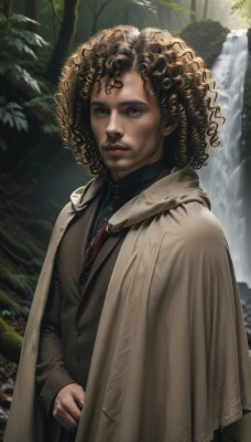 solo,looking at viewer,blue eyes,blonde hair,brown hair,long sleeves,1boy,standing,upper body,male focus,outdoors,parted lips,day,water,tree,lips,facial hair,nature,beard,forest,curly hair,realistic,nose,waterfall,afro,holding,brown eyes,vest,staff,cloak