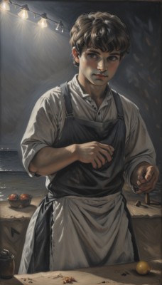 1girl,solo,looking at viewer,short hair,bangs,brown hair,shirt,black hair,1boy,brown eyes,closed mouth,standing,white shirt,male focus,cowboy shot,food,collared shirt,indoors,black eyes,apron,fruit,sleeves rolled up,freckles,dirty,black apron,light bulb,long sleeves,holding,lips,dress shirt,table,waist apron,curly hair,cigarette,realistic,light,coin,ceiling light