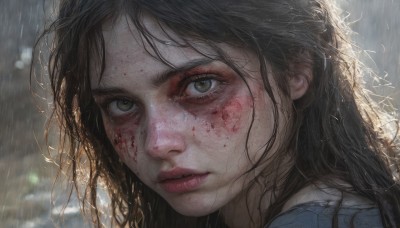 1girl,solo,long hair,looking at viewer,bangs,brown hair,black hair,brown eyes,outdoors,parted lips,blurry,lips,wet,eyelashes,blood,depth of field,blurry background,messy hair,portrait,close-up,freckles,rain,blood on face,realistic,nose,wet hair,dirty,dirty face