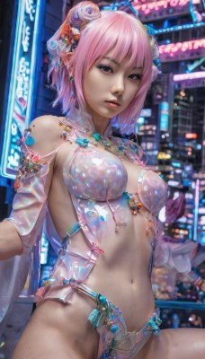 1girl,solo,breasts,looking at viewer,short hair,bangs,hair ornament,navel,brown eyes,jewelry,medium breasts,underwear,pink hair,earrings,parted lips,detached sleeves,pointy ears,mole,blurry,lips,see-through,blurry background,elf,revealing clothes,realistic,mole on stomach,swimsuit,flower,bikini,cowboy shot,outdoors,hair flower,stomach,black eyes,night,watermark,building,city,neon lights