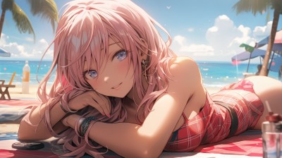 1girl,solo,long hair,breasts,looking at viewer,blush,smile,bangs,blue eyes,large breasts,cleavage,hair between eyes,bare shoulders,jewelry,medium breasts,swimsuit,pink hair,ass,bikini,earrings,outdoors,lying,parted lips,sky,day,cloud,water,nail polish,blurry,bracelet,tree,cup,blue sky,lips,fingernails,one-piece swimsuit,plaid,depth of field,blurry background,bird,ocean,umbrella,beach,sunlight,bottle,on stomach,towel,wristband,pink nails,drinking glass,head rest,drinking straw,sand,palm tree,horizon,bangle,casual one-piece swimsuit,beach umbrella,red one-piece swimsuit,beach towel,lounge chair,beach chair,pink one-piece swimsuit,frills,sleeveless,chair,camisole,frilled bikini,pink bikini,plaid bikini