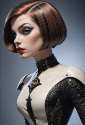 1girl,solo,breasts,looking at viewer,short hair,blue eyes,simple background,brown hair,jewelry,medium breasts,upper body,hairband,grey background,lips,gradient background,eyelashes,bodysuit,makeup,bob cut,lipstick,gem,eyeshadow,nose,red lips,multicolored hair,streaked hair,eyeliner,mascara