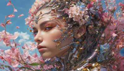 1girl, solo, looking at viewer, brown hair, jewelry, flower, earrings, outdoors, sky, day, cloud, from side, blue sky, lips, eyelashes, cherry blossoms, portrait, pink flower, science fiction, realistic, nose, branch