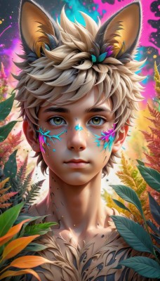 solo,looking at viewer,short hair,blonde hair,1boy,animal ears,brown eyes,closed mouth,collarbone,yellow eyes,upper body,male focus,lips,fox ears,tattoo,leaf,facial mark,plant,portrait,extra ears,nose,bangs,brown hair,dog ears,freckles,facepaint,bodypaint,paint splatter