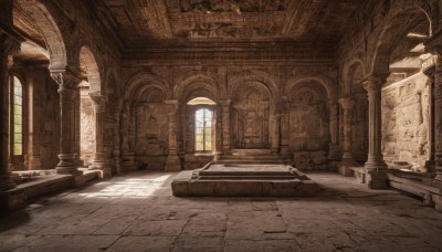 day,indoors,no humans,window,sunlight,scenery,light rays,stairs,door,architecture,ruins,pillar,statue,church,arch,column,weapon,sword,shadow,tile floor,stone floor