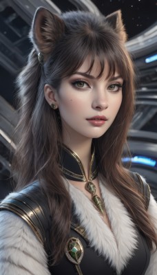 1girl,solo,long hair,breasts,looking at viewer,bangs,brown hair,animal ears,brown eyes,jewelry,upper body,earrings,parted lips,cat ears,necklace,mole,vest,lips,fur trim,mole under eye,makeup,extra ears,freckles,realistic,nose,space,artist name,eyelashes,wolf ears,fur collar,eyeliner