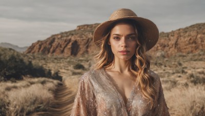 1girl,solo,long hair,breasts,looking at viewer,blonde hair,brown hair,hat,dress,cleavage,brown eyes,medium breasts,closed mouth,collarbone,upper body,outdoors,blurry,lips,blurry background,wavy hair,mountain,realistic,brown headwear,straw hat,large breasts,sky,day