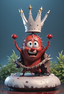 solo,looking at viewer,smile,open mouth,blue eyes,1boy,holding,standing,full body,male focus,teeth,cape,arms up,no humans,blood,blue background,crown,plant,cloak,spikes,dripping,faux figurine,outdoors,food,holding food,monster,bush,creature