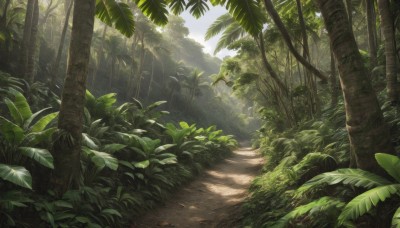 outdoors,sky,day,tree,no humans,leaf,sunlight,plant,nature,scenery,forest,light rays,palm tree,bush,dappled sunlight,cloud,grass,road,sunbeam,landscape,path