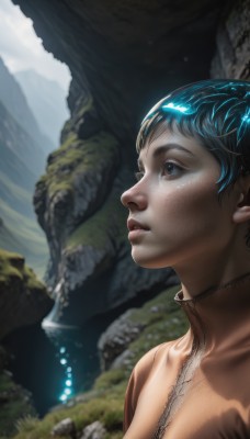 1girl,solo,breasts,short hair,black hair,brown eyes,jewelry,blue hair,upper body,outdoors,parted lips,necklace,lips,eyelashes,looking up,freckles,realistic,nose,fantasy,very short hair,blue eyes,cleavage,water,blurry,turtleneck,nature,zipper,rock,mountain