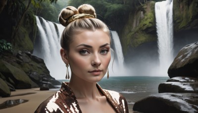 1girl,solo,looking at viewer,smile,brown hair,brown eyes,jewelry,closed mouth,collarbone,upper body,earrings,outdoors,day,water,hair bun,lips,grey eyes,single hair bun,portrait,nature,forehead,rock,realistic,nose,river,waterfall,hair ornament