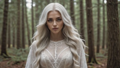 1girl,solo,long hair,breasts,looking at viewer,blue eyes,blonde hair,dress,jewelry,medium breasts,upper body,white hair,earrings,outdoors,parted lips,dark skin,white dress,blurry,dark-skinned female,tree,lips,grey eyes,depth of field,blurry background,wavy hair,nature,forest,realistic,day,see-through,curly hair