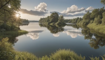 outdoors,sky,day,cloud,water,tree,blue sky,no humans,sunlight,cloudy sky,grass,plant,nature,scenery,forest,reflection,mountain,sun,river,landscape,lake,reflective water