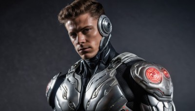 solo,looking at viewer,brown hair,1boy,brown eyes,upper body,male focus,grey background,armor,lips,facial hair,science fiction,realistic,android,manly,cyborg,power armor,cyberpunk,glowing,portrait