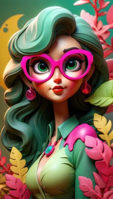 1girl,solo,long hair,breasts,looking at viewer,shirt,cleavage,jewelry,medium breasts,green eyes,upper body,flower,earrings,parted lips,green hair,glasses,collared shirt,artist name,necklace,mole,lips,eyelashes,makeup,leaf,wavy hair,lipstick,gem,pendant,eyeshadow,personification,freckles,curly hair,pink lips,green shirt,pink-framed eyewear