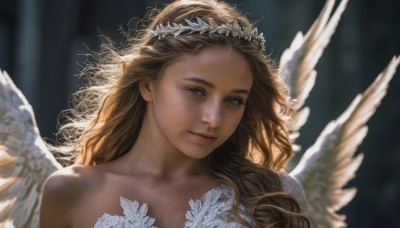 1girl,solo,long hair,looking at viewer,smile,blue eyes,blonde hair,brown hair,dress,bare shoulders,closed mouth,collarbone,upper body,flower,wings,mole,blurry,lips,grey eyes,depth of field,blurry background,wavy hair,portrait,feathered wings,freckles,curly hair,angel wings,realistic,white wings,angel,head wreath,white dress,mole under mouth,backlighting,light,mole on cheek