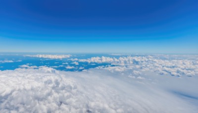 monochrome,outdoors,sky,day,cloud,water,blue sky,no humans,ocean,cloudy sky,scenery,blue theme,horizon,landscape,above clouds,1girl,long hair