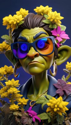 1girl,solo,looking at viewer,short hair,blue eyes,brown hair,black hair,hair ornament,jewelry,closed mouth,flower,earrings,glasses,pointy ears,hair flower,necklace,colored skin,frown,leaf,sunglasses,portrait,pink flower,hoop earrings,yellow flower,green skin,tinted eyewear,yellow-framed eyewear,yellow skin,goblin,1boy,male focus,thick eyebrows,blue skin