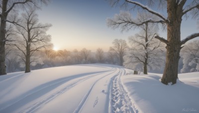 outdoors,sky,day,cloud,signature,tree,blue sky,no humans,sunlight,nature,scenery,snow,forest,sunset,mountain,sun,winter,bare tree,sunrise,footprints,pine tree,artist name,road,landscape