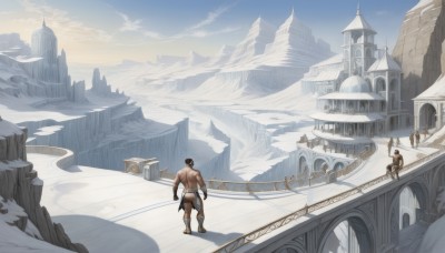 solo,short hair,1boy,underwear,standing,ass,male focus,thighs,outdoors,multiple boys,sky,day,cloud,from behind,blue sky,muscular,back,muscular male,building,scenery,bara,snow,walking,topless male,mountain,architecture,bridge,horse,castle,weapon,fantasy,landscape,desert,horseback riding