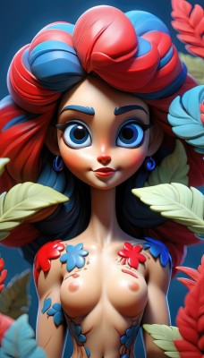 1girl,solo,long hair,breasts,looking at viewer,blush,smile,blue eyes,black hair,navel,jewelry,medium breasts,closed mouth,nipples,blue hair,collarbone,upper body,flower,nude,red hair,multicolored hair,earrings,small breasts,artist name,two-tone hair,lips,eyelashes,makeup,leaf,blue background,thick eyebrows,feathers,plant,lipstick,eyeshadow,freckles,arms at sides,red lips,mascara,topless,curly hair