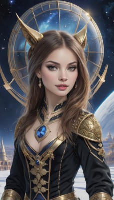 1girl,solo,long hair,breasts,looking at viewer,smile,brown hair,long sleeves,dress,animal ears,cleavage,brown eyes,jewelry,medium breasts,upper body,earrings,small breasts,parted lips,sky,teeth,artist name,necklace,armor,lips,makeup,night,gem,star (sky),night sky,starry sky,freckles,gold trim,realistic,nose,red lips,space,planet,earth (planet),constellation,shoulder armor,forehead,eyeshadow