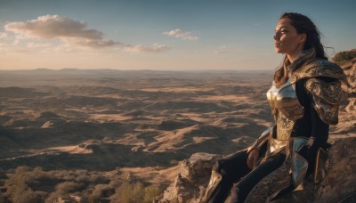 1girl,solo,long hair,breasts,brown hair,black hair,jewelry,sitting,closed eyes,earrings,outdoors,sky,cloud,dark skin,armor,dark-skinned female,lips,shoulder armor,scenery,pauldrons,breastplate,rock,mountain,horizon,landscape,cliff,day,gauntlets,realistic