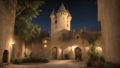 HQ,outdoors,sky,tree,no humans,window,night,plant,building,night sky,scenery,door,light,road,bush,house,lamppost,church,arch,lantern,fantasy,wall,bridge,castle,tower,path