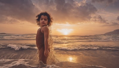 1girl,solo,looking at viewer,short hair,black hair,brown eyes,standing,outdoors,sky,cloud,dark skin,water,flat chest,dark-skinned female,lips,ocean,beach,cloudy sky,wading,backlighting,curly hair,sunset,sand,sun,horizon,waves,shore,1boy,male focus,parted lips,sleeveless,tank top,wind,child,scenery,sepia,brown theme