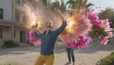 1girl,smile,short hair,open mouth,brown hair,shirt,1boy,standing,jacket,closed eyes,flower,male focus,outdoors,multiple boys,teeth,solo focus,day,pants,2boys,arms up,tree,blue shirt,denim,building,sleeves rolled up,clenched hands,jeans,bald,very short hair,explosion,house,firing,denim jacket,solo,shoes,tears,dark skin,window,dark-skinned male,realistic,bush