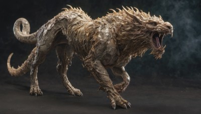 solo,open mouth,standing,tail,full body,teeth,tongue,from side,no humans,fangs,sharp teeth,claws,spikes,monster,realistic,scales,dinosaur,simple background,black background