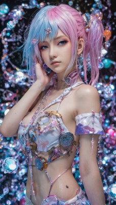 1girl,solo,long hair,breasts,looking at viewer,bangs,blue eyes,hair ornament,navel,bare shoulders,jewelry,medium breasts,closed mouth,blue hair,swimsuit,upper body,ponytail,pink hair,bikini,multicolored hair,earrings,small breasts,hairclip,midriff,hand up,necklace,stomach,blurry,two-tone hair,lips,gradient hair,makeup,gem,eyeshadow,arm at side,bubble,realistic,nose,mascara,short hair,cleavage,twintails,artist name,watermark,piercing,revealing clothes,armband,armlet