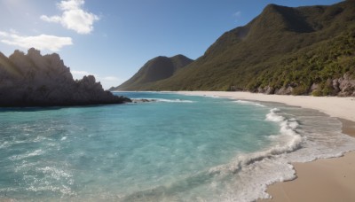 outdoors,sky,day,cloud,water,tree,blue sky,no humans,ocean,beach,sunlight,nature,scenery,rock,mountain,sand,horizon,waves,shore,landscape,island