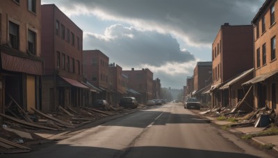 outdoors,sky,day,cloud,blue sky,no humans,window,sunlight,cloudy sky,ground vehicle,building,scenery,motor vehicle,city,car,road,ruins,street,truck,crosswalk