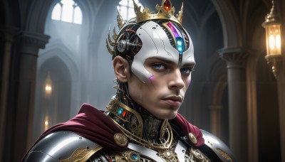 HQ,solo,looking at viewer,blue eyes,1boy,jewelry,closed mouth,upper body,male focus,indoors,dark skin,cape,armor,lips,facial mark,helmet,crown,gem,portrait,science fiction,realistic,nose,red cape,earrings,candle