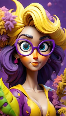 1girl,solo,long hair,breasts,looking at viewer,smile,blue eyes,blonde hair,hair ornament,cleavage,jewelry,medium breasts,closed mouth,collarbone,upper body,purple hair,flower,multicolored hair,earrings,glasses,artist name,hair flower,blurry,two-tone hair,lips,eyelashes,makeup,watermark,thick eyebrows,lipstick,web address,eyeshadow,freckles,purple background,nose,purple lips,mascara,petals,purple-framed eyewear