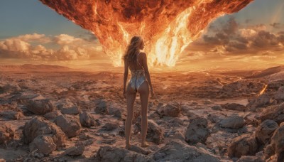 1girl,solo,long hair,brown hair,bare shoulders,standing,swimsuit,ass,outdoors,sky,barefoot,cloud,dark skin,water,from behind,one-piece swimsuit,bare legs,back,beach,cloudy sky,fire,scenery,sunset,rock,sand,dragon,arms at sides,facing away,molten rock,black hair,full body,bikini,day,dark-skinned female,blue sky,ocean,sunlight,fantasy,sun,horizon,looking afar,wide shot,orange theme