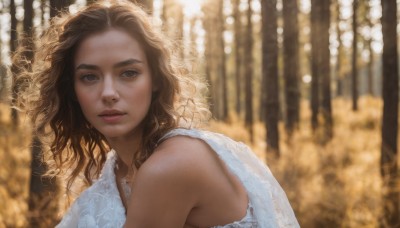 1girl,solo,long hair,looking at viewer,brown hair,dress,bare shoulders,brown eyes,closed mouth,upper body,sleeveless,white dress,blurry,lips,depth of field,blurry background,wavy hair,curly hair,realistic,nose,jewelry,outdoors,parted lips,grey eyes,portrait,nature