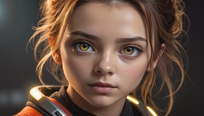 1girl,solo,looking at viewer,short hair,blonde hair,brown hair,brown eyes,closed mouth,yellow eyes,blurry,lips,eyelashes,blurry background,black background,portrait,close-up,forehead,freckles,realistic,nose,artist name,depth of field,messy hair