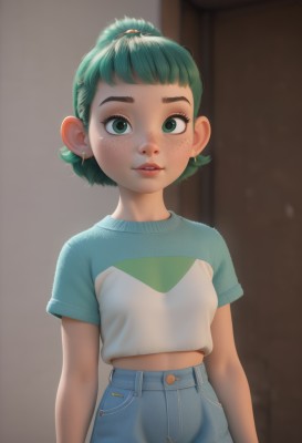 1girl,solo,looking at viewer,short hair,bangs,shirt,jewelry,green eyes,standing,white shirt,upper body,ponytail,short sleeves,cowboy shot,earrings,parted lips,green hair,midriff,pants,artist name,indoors,blurry,flat chest,lips,blurry background,thick eyebrows,blue shirt,denim,child,freckles,jeans,arms at sides,blue pants,female child,midriff peek,raglan sleeves,topknot,teeth,realistic