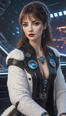 1girl,solo,long hair,breasts,looking at viewer,bangs,brown hair,long sleeves,dress,cleavage,brown eyes,jewelry,medium breasts,upper body,earrings,parted lips,open clothes,belt,necklace,blurry,black dress,lips,coat,fur trim,makeup,blurry background,lipstick,pendant,open coat,realistic,nose,red lips,fur-trimmed coat,jacket,artist name,bag,grey eyes,gem,eyeshadow,watch,wristwatch