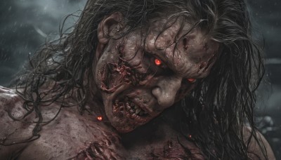 solo,long hair,looking at viewer,open mouth,black hair,red eyes,1boy,male focus,teeth,wet,blood,glowing,fangs,sharp teeth,messy hair,portrait,glowing eyes,rain,veins,realistic,upper body,close-up,colored sclera,topless male