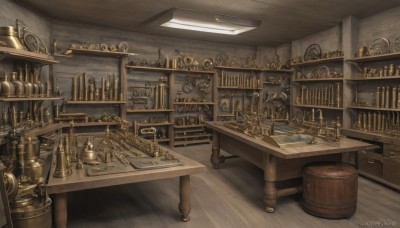 artist name,indoors,book,no humans,watermark,table,bottle,scenery,wooden floor,fantasy,clock,bookshelf,shelf,gears,barrel,treasure chest,steampunk,crate,weighing scale,weapon,sword,candle,candlestand,chandelier